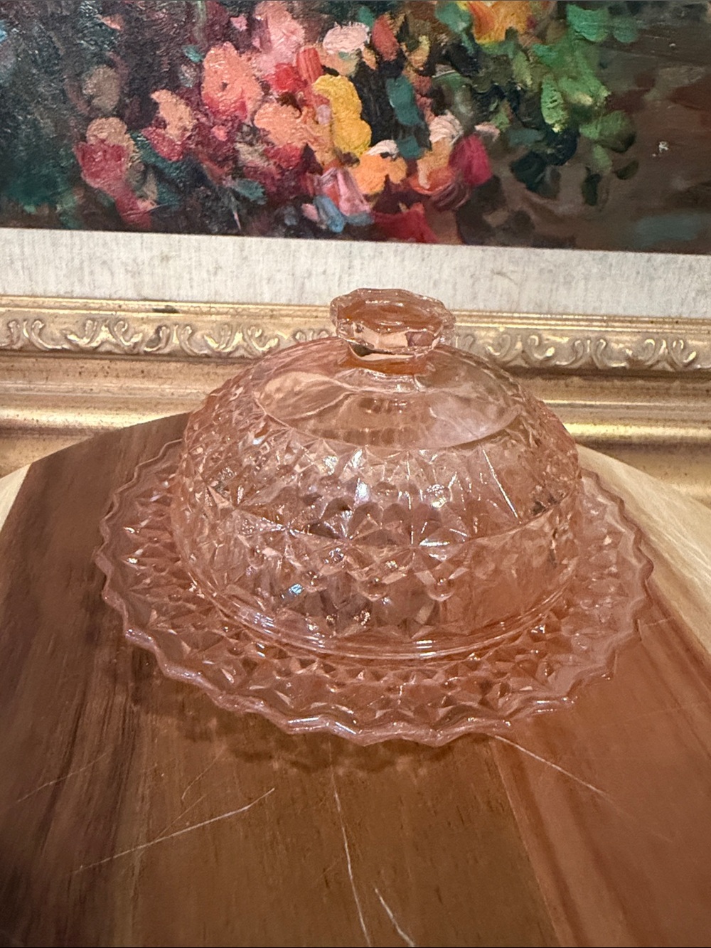 Vintage Pressed Glass Covered Butter Dish in Jeanette Pink